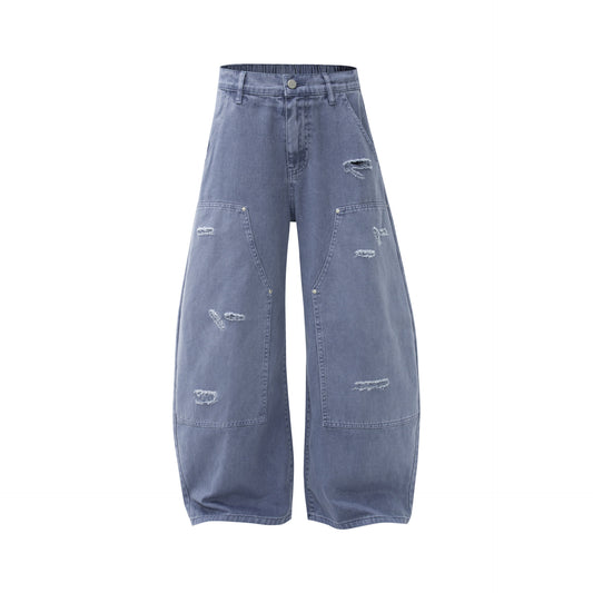 Vintage Street Style Heavyweight Ripped Denim Blue Workwear Design Men's Loose Knife-Shape Cargo Pants
